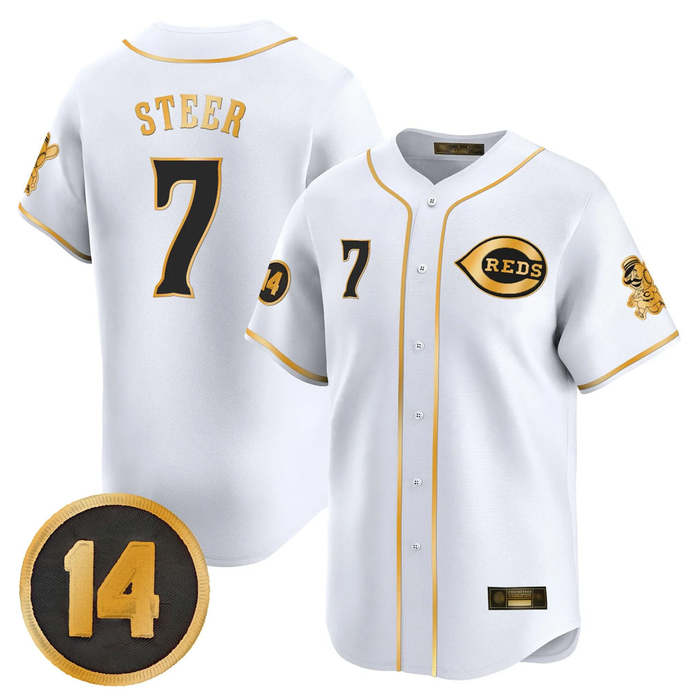 Arlishia C.Reds #7 Spencer Steer Player White-Gold Vapor Premier Limited Home Stitched Jerseys