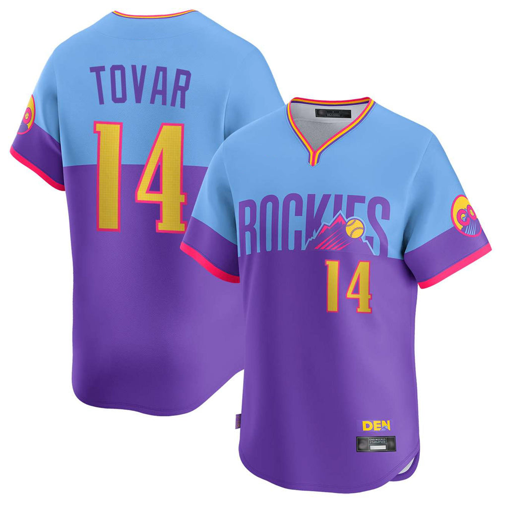 Arlishia C.Rockies #14 Ezequiel Tovar Player Purple-Light Blue City Connect Limited Home T-shirt Stitched Jerseys