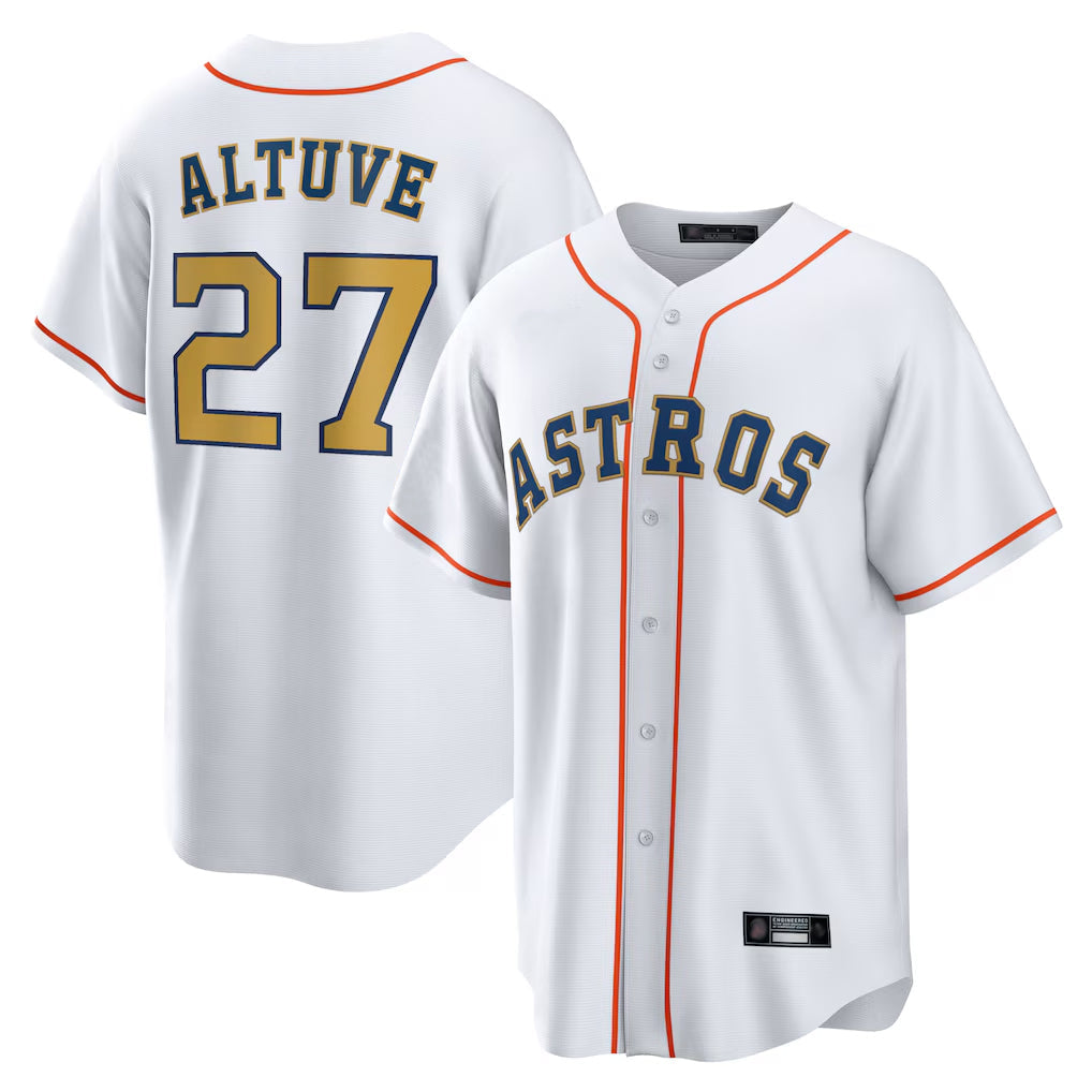Arlishia H.Astros #27 Jose Altuve Player White Gold Collection Game Home Stitched Jerseys