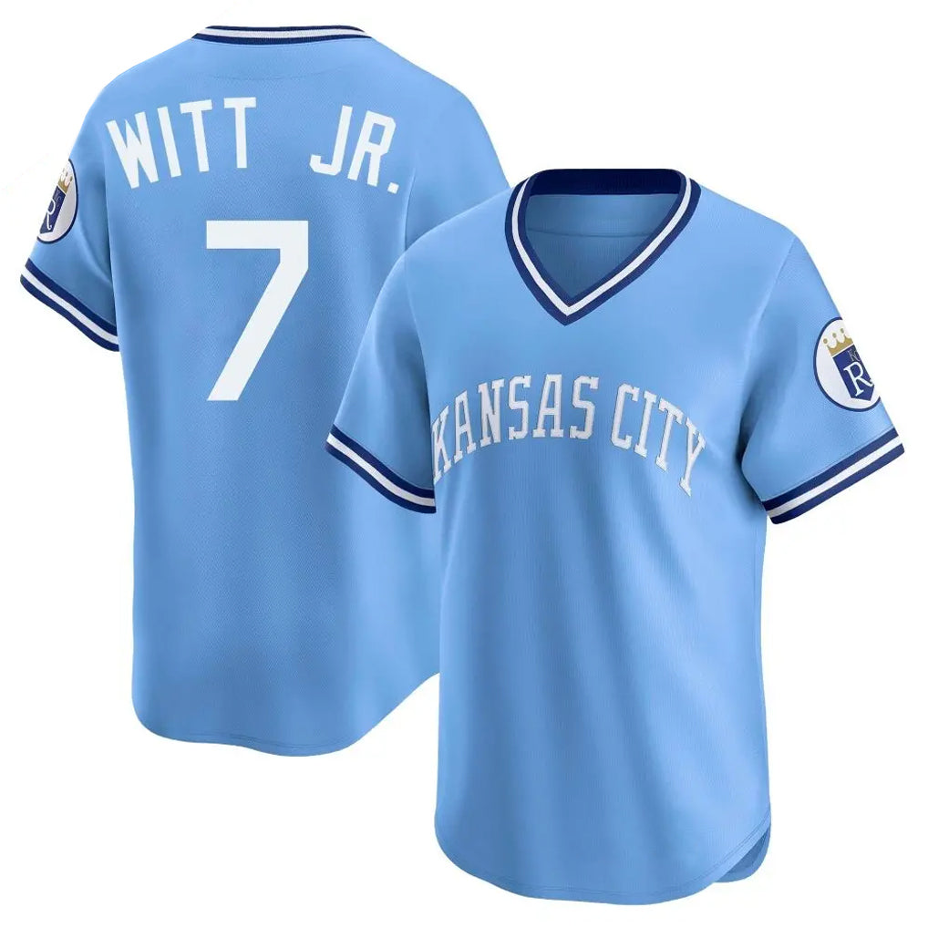 Arlishia KC.Royals #7 Bobby Witt Jr. Player Light Blue Limited Throwback Cooperstown Collection T-shirt Stitched Jerseys