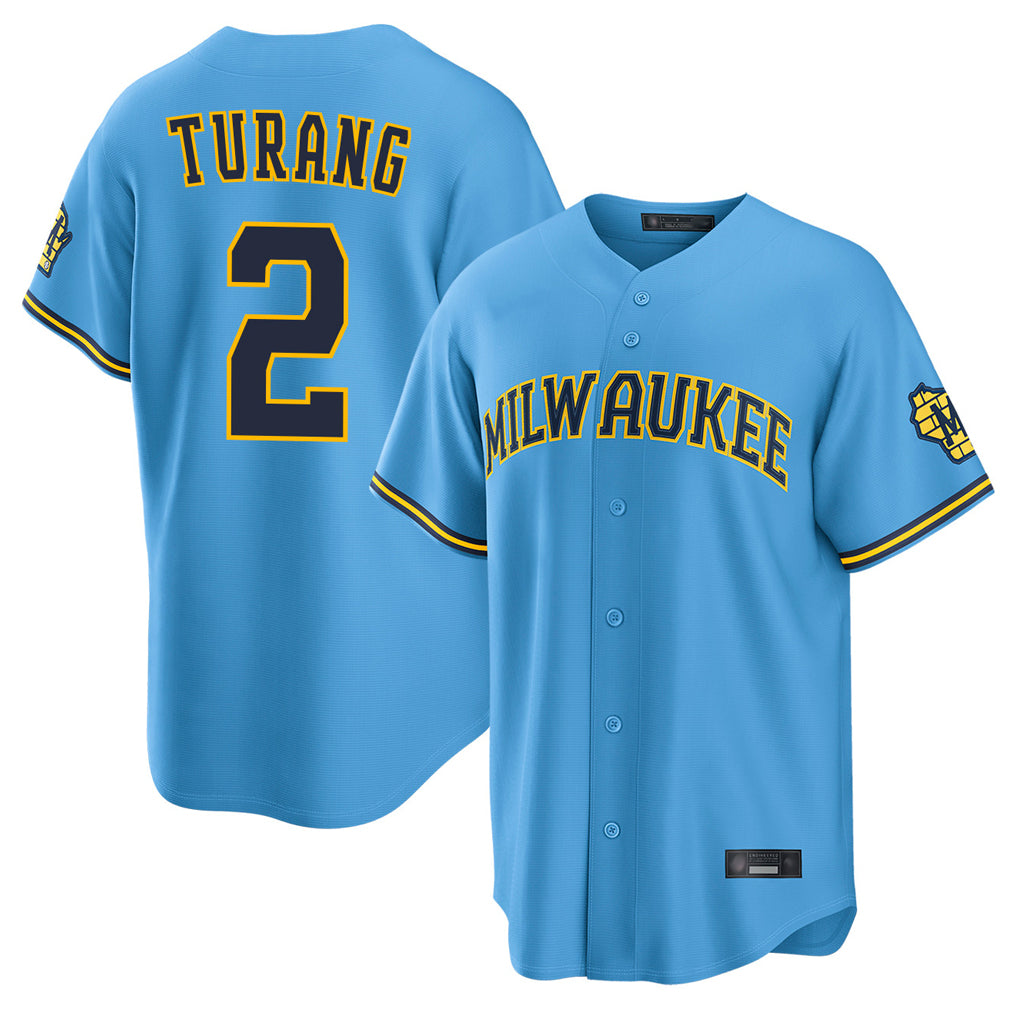 Arlishia M.Brewers #2 Brice Turang Player Light Blue Road Stadium Game Stitched Jerseys