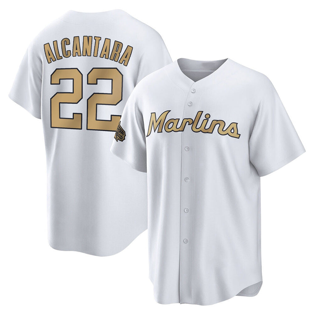 Arlishia M.Marlins #22 Sandy Alcantara Player Gold Home Game Stitched Jerseys