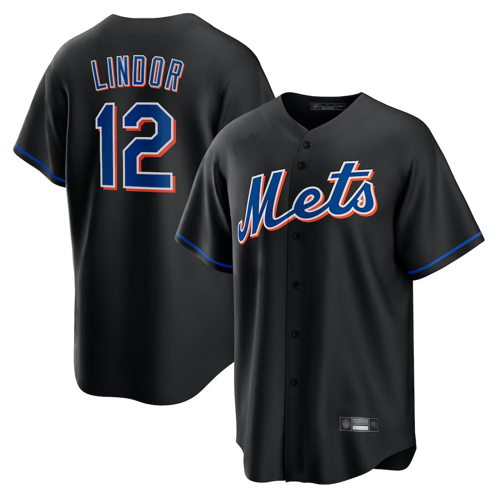 Arlishia NY.Mets #12 Francisco Lindor Player Black Replica Home Game Stitched Jerseys